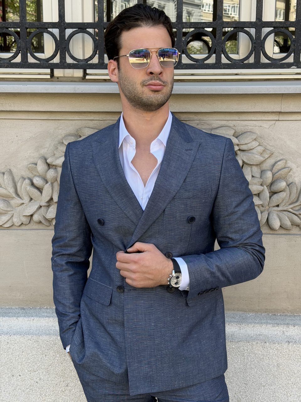 Navy Linen Double Breasted Odelo